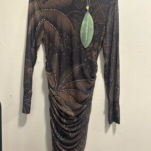 NWT FARM RIO Gold Foliage Black Mesh Midi